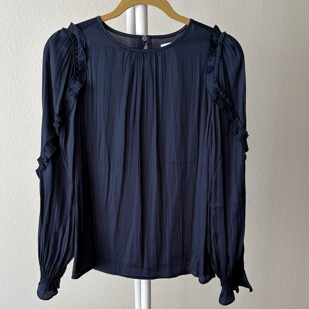 LOFT Navy Ruffle Sleeve Blouse NWT